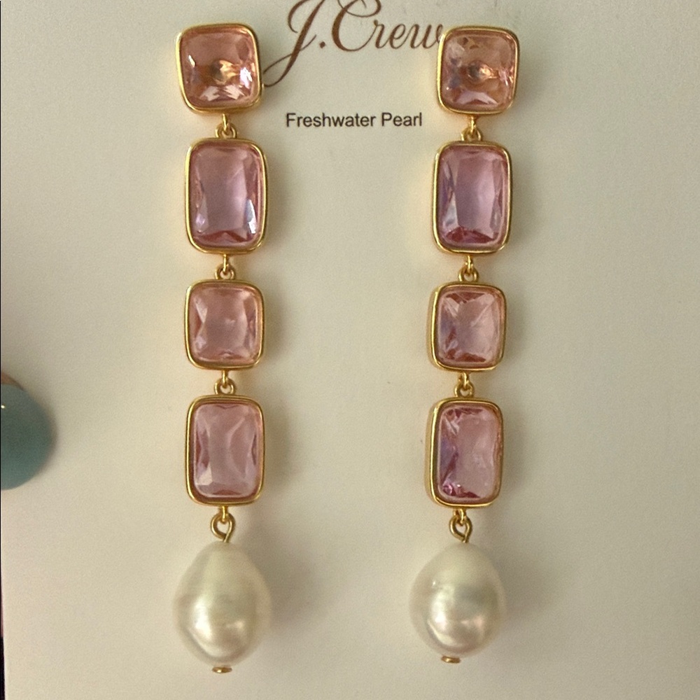 J. Crew Gold-Tone Pink Crystal Drop Earrings with Freshwater Pearls